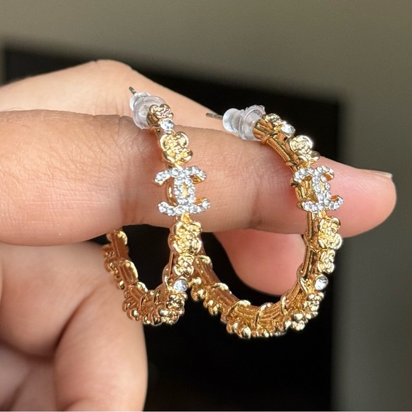 Gold Women's Hoop Earrings with Rhinestones - Picture 2 of 6